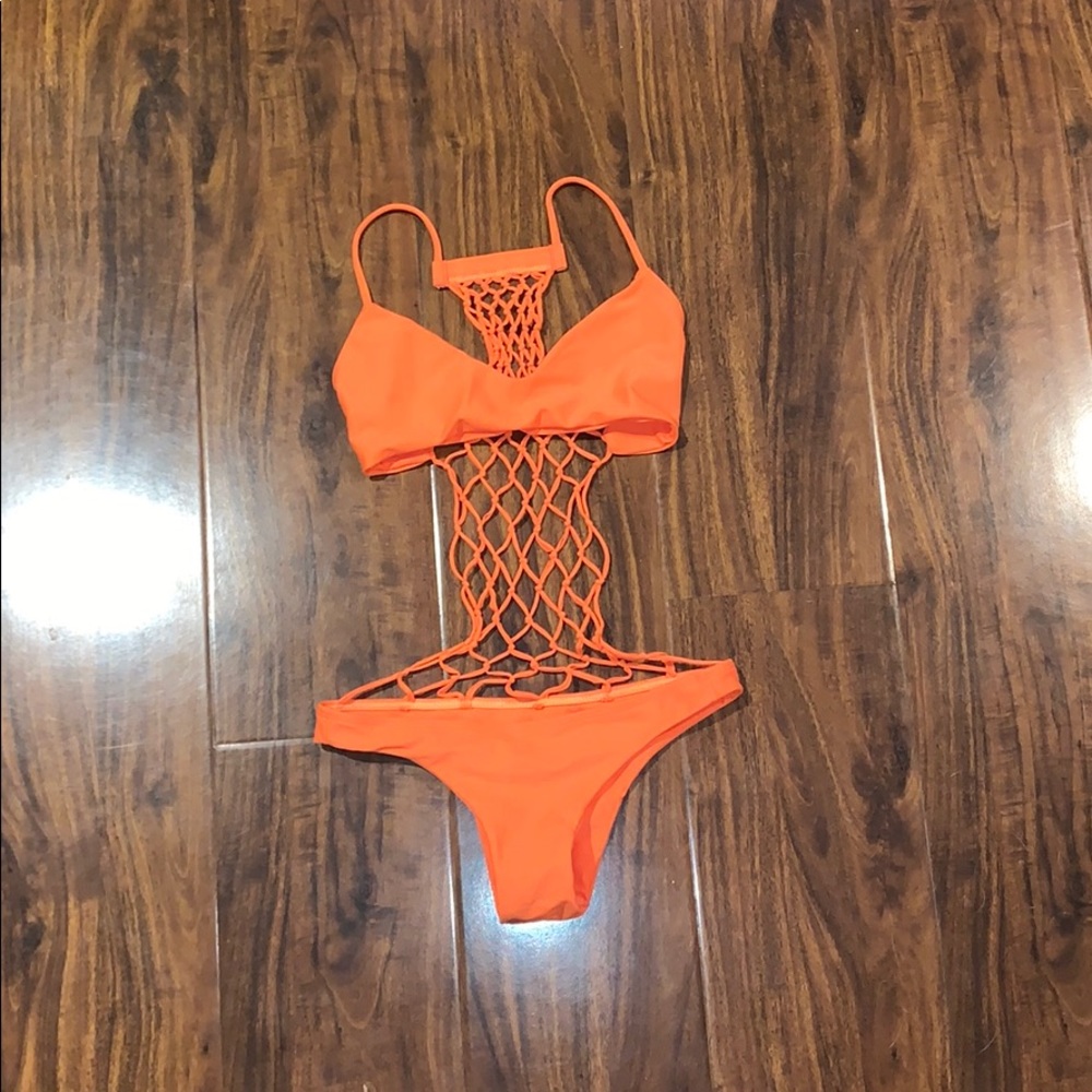 MIKOH Xavier Crochet Knit One Piece Neon Orange